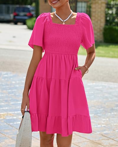 Image of BTFBM Womens Summer Smocked Mini Dress Spring Square Neck Flutter Sleeve Casual Ruffle Swing Boho Beach Dresses Pockets
