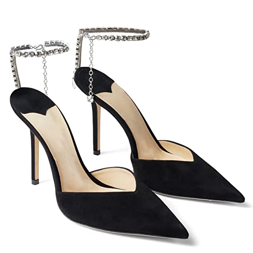 Image of LauraVicci Women's Heeled Sandals Crystal Chain Ankle Straps Rhinestones Buckle High Heels Stiletto Slip On Wedding Party Satin Dress Shoes
