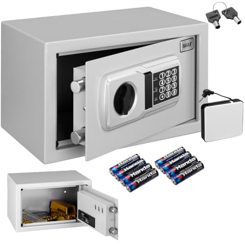 BAKAJI Cassaforte Elettronica di Sicurezza con Box Batteria Esterno, Cassetta Porta Valori e Documenti Antiscasso per Casa, Hotel, Installazione a Muro Parete o Indipendente, 31 x 20 x 20 cm (Grigio)