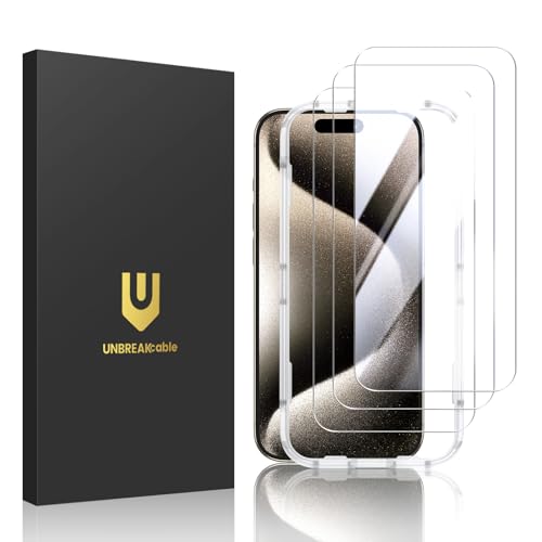 UNBREAKcable Shatterproof Tempered Glass Screen Protector for iPhone 15 Pro [3-Pack] [Easy Installation Frame] [9H Hardness] [99.99% HD Clear][Bubble Free] for Apple 6.1”
