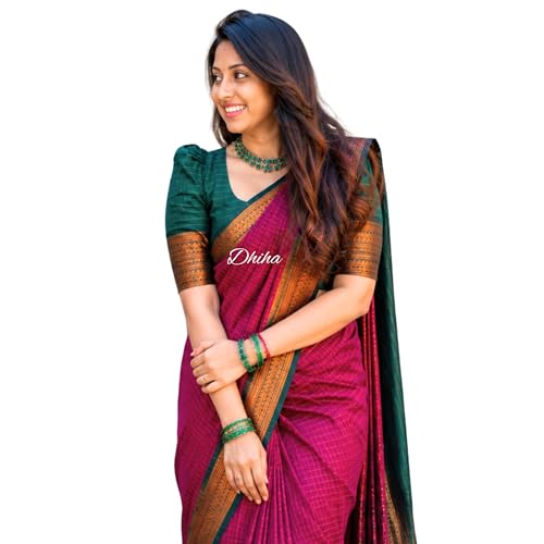 Image of Gadwal Cotton Silk Checked Saree for Women | Pure Kalyani Cotton Checked Saree with Zari Border Tassels & Blouse | Kanjivaram Linen Silk | Handloom Weave