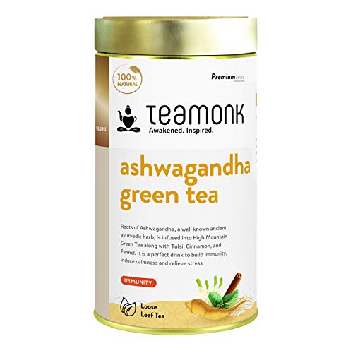 Teamonk Ashwagandha Green Tea Loose Leaf (100 Cups) | 100% Natural Ashwagandha Tea | Green Tea Leaves with Ashwagandha, Tulsi, Cinnamon and Fennel | No Additives - 7 oz