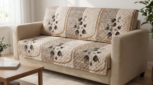 Image of KINGLY Quilted Velvet Sofa Cover Beige 3+3 6 Seater Anti Skid Pipe