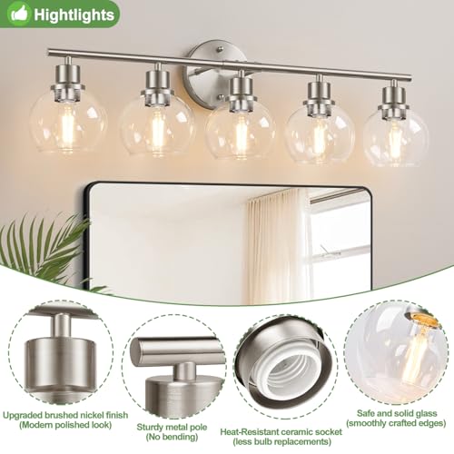 Image of Indoi 5-Light Bathroom Light Fixtures, Brushed Nickel Vanity Light with Clear Glass Globe Shades, Modern Bathroom Wall Sconce Lighting for Mirror, Kitchen, Hallway, Bedroom