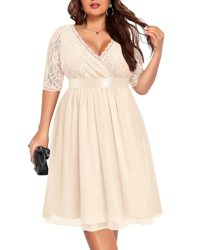 Image of Pinup Fashion Plus Size Lace Chiffon Wrap V Neck Dresses Women Cocktail Wedding Guest Midi Dress