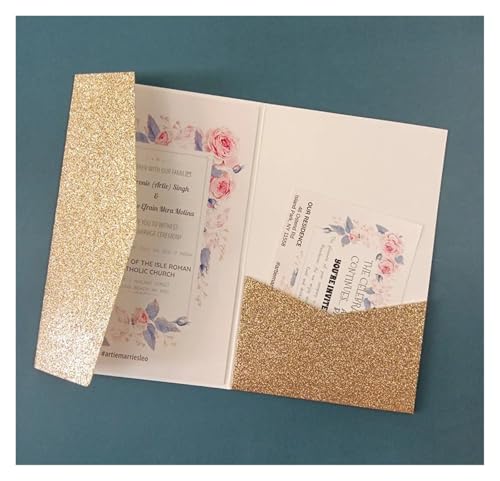 Invitation de mariage découpée au laser pochette or rose pailleté