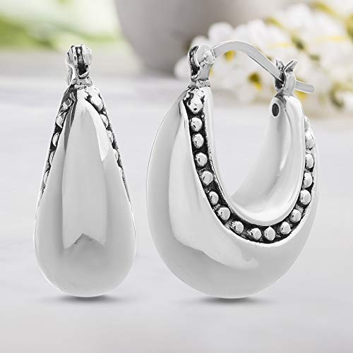Willowbird Oxidized Sterling Silver Polished Puffy U Shaped Beaded Rim Hoop Earrings for Women3