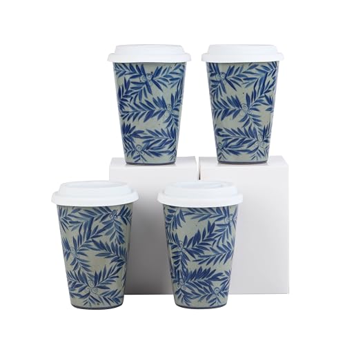 meicilin 14 oz ceramics Handmade blue and white Retro Coke cups coffee tea set of 4 china Coffee Mugs for Tea, Milk,Dishwasher and Microwave Safe?Free gift soft silicone cover and gift box
