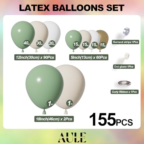 Image of AULE 155Pcs Sage Green Balloon Arch Kit Olive Sand White Balloons | Dusty Green Gold Birthday Anniversary Party Decorations Large Helium Number Balloons Jumbo Giant Huge Mylar