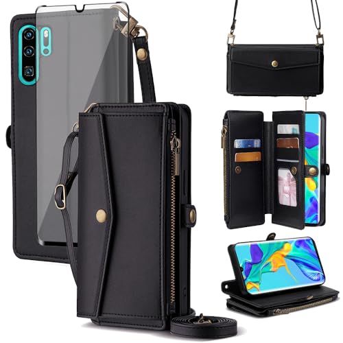 Portefeuille Huawei P30 Pro antichoc avec vitre de protection et chaîne amovible