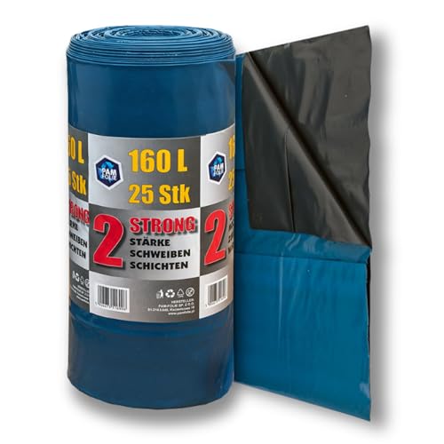 PAM-FOLIE Bolsas de basura extrafuertes, 160 l, 25 unidades, grandes y gruesas, 85 x 110 cm, doble capa, color negro y azul, bolsas de basura de construcción, bolsas universales