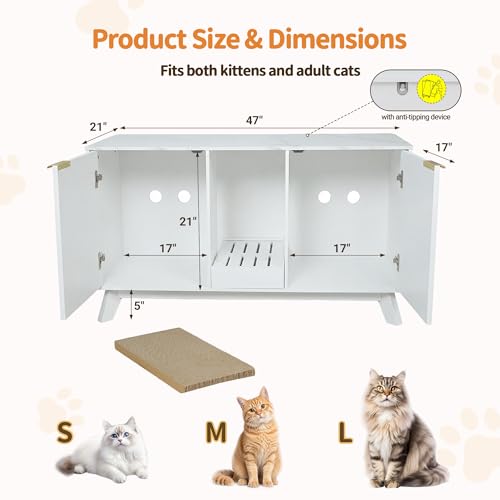 Image of Double Cat Litter Box Enclosure for 2 Cats,Fluted Hidden Litter Box Furniture with Litter Collector & Scratch Pad,47 inch Large Enclosed Cat Cabinet,Cat House for Living Room,White with Marble Top
