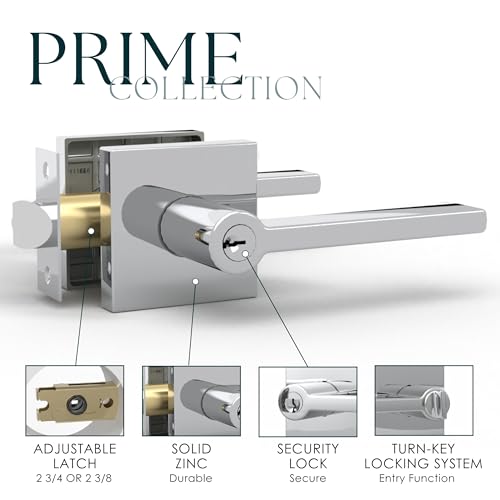 Image of Mega Handles - Prime Entrance Handle, Entry Lever Door Handle, Heavy Duty Square Locking Lever Set for Left or Right-Handed Doors, Interior /Exterior Door Levers - Polished Chrome