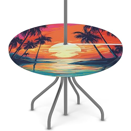 FZDXZJJ Beach Palm Tree Round Outdoor Tablecloth with Umbrella Hole and Zipper,Tropical Ocean Fitted Tablecloth Elastic Edge Patio Table Cover for Spring Summer Picnic Party 36