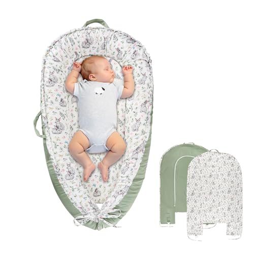 Image of Baby Lounger Cover for Boys Girls, Reversible Baby Nest Cover, Adjustable Baby Lounger Replaceable Cover for Infant Newborn, Portable and Machine Washable, Cotton Green Rabbit Cover