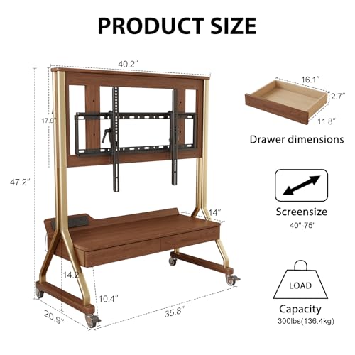 Image of AnywaysWood TV Cart Rolling TV Stand with Wheels for Most 40-75 inch TVs up to 300lbs Height Adjustable, Tilting, Tall Heavy Duty TV Stand with 2 Drawers Power Strip, for Living Room