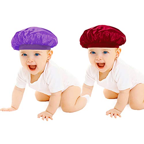 DuoZan 2 PACK Kids Satin Bonnets Night Sleeping Cap Wide Band Shower Cap Bath Hats for Baby Children Toddler (Purple+Wine)