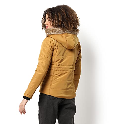 Image of Campus Sutra Women Mustard Hooded Puffer Regular Fit Bomber Jacket For Winter Wear | Standing Collar | Full Sleeve | Zipper | Casual Jacket For Woman & Girl | Western Stylish Jacket For Women