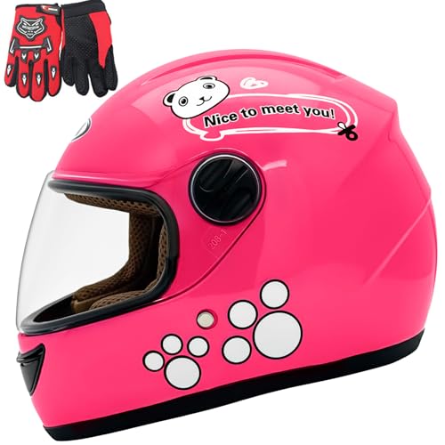 GFUERUFQ Kids Full Face Motorcycle Helmet with Gloves Cute Bear Design ABS Plastic Shell Youth Safety (Pink)
