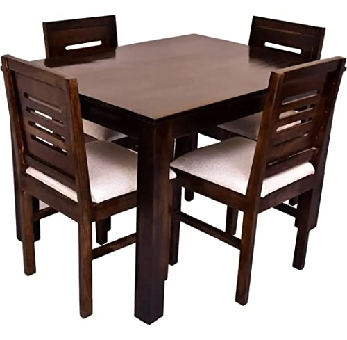 Image of Sheesham Wood 4 Seater Dining Table Set for Home Hall || Solid Wood Dining Table with 4 Cushion Chairs for Hotels || Dining Room Sets - Walnut Finish