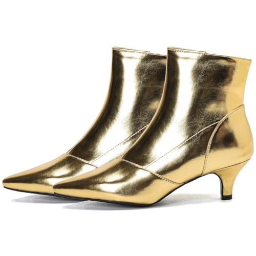 DINTAHA Shiny Metallic Glitter Boots for Women,Dress Boots Low Heel Kitten Heel Pointy Toe Ankle Boots Silver,Gold