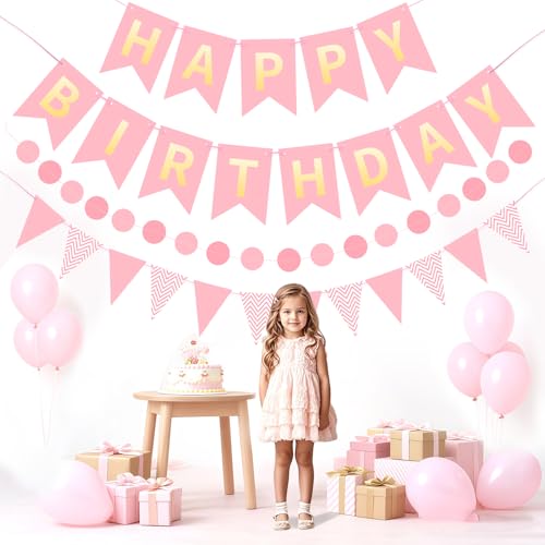 Image of Pink Happy Birthday Banner Hanging Sign Circle Dot Triangle Bunting