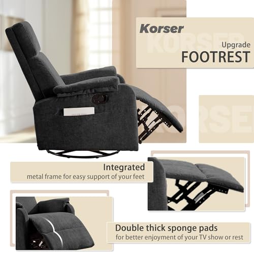 Image of Korser Swivel Rocking Recliner with Massage, Small Glider Chair for Nursery, Modern-Designed Armrests Chair for Adults Living Room, Chenille, Black
