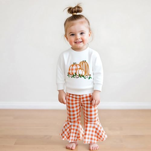 Baby Girl Halloween Outfit Long Sleeve Pumpkin Tops and Plaid Flared Pants Toddler Girl Fall Winter Clothes4