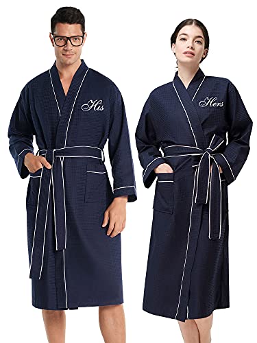 AW BRIDAL 2Pcs His and Hers Robes Sets Couples Cotton Waffle Robes Comfy Hotel Robe Hot Tub Robe Navy Bridal Robes