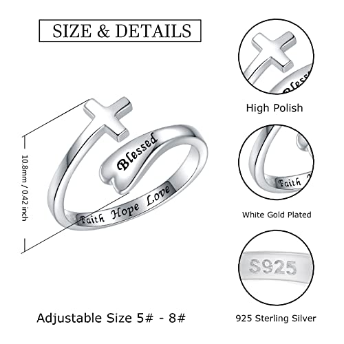 Sterling Silver Cross Ring For Women - Christian Blessed Faith Hope Love Inspirational Encouragement Jewelry,Statement Wrap Finger Open Adjustable Thumb Cross Heart Ring Gift For Teen Girls #TOP5