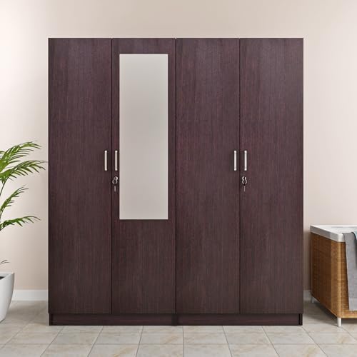 Image of VIKI Wardrobe | Wooden Almirah for 4 Door Fully Shelves Mirror Wardrobe (Dark Wenge - 40D x 160W x 180.8H) | 1 Year Warranty | Free Assembly