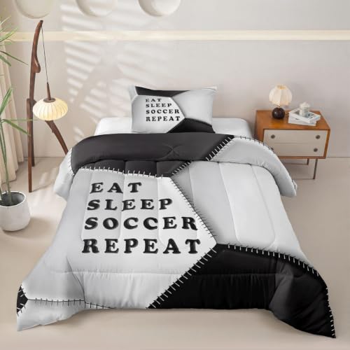 Image of Feelyou Soccer Comforter Set Twin Size Football Bedding Set for Kids Boys Girls Eat Sleep Sports Theme Duvet Quilt Bedroom Decor Microfiber 2 Pcs with 1 Pillow Case