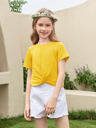 Image of Haloumoning Girls Short Sleeve T Shirts Kids Summer Twist Front Crop Tops Fashion Tees 5-14 Years