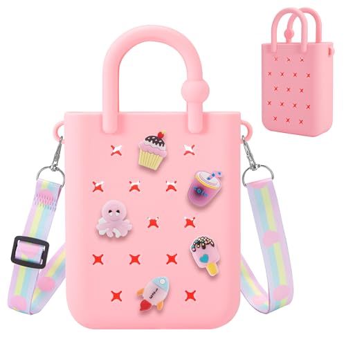 Mini bolsa de borracha, bolsa de praia de silicone com 30 pingentes, bolsa PP com alça ajustável para meninas e mulheres, rosa, One Size