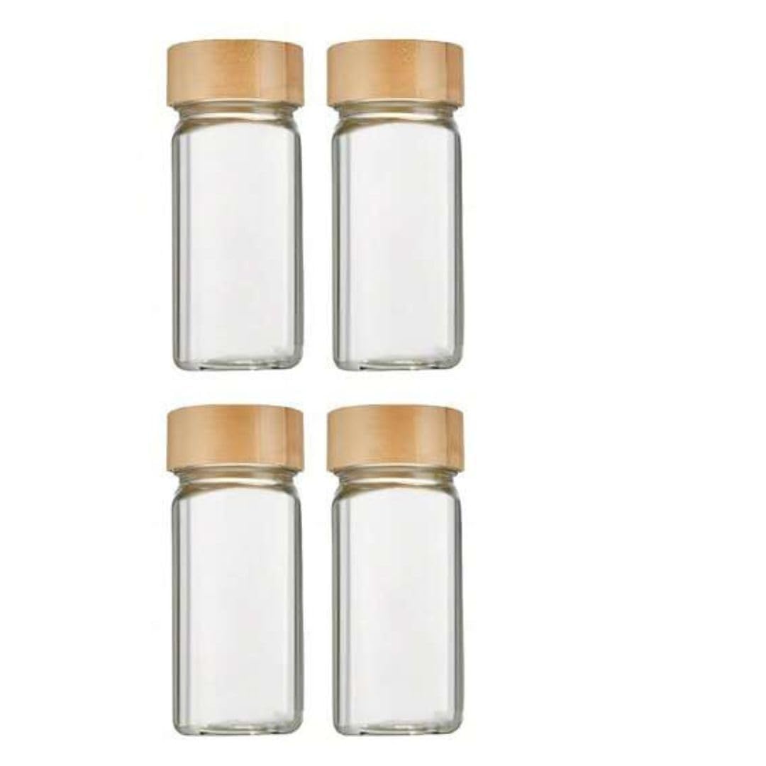 M.T.BROTHERS - 120ML Glass Square Spice Jars with Brown Wooden shifter & Black Sifter Two Sided Sifter Cap Airtight Masala Jars (4-wooden lid)