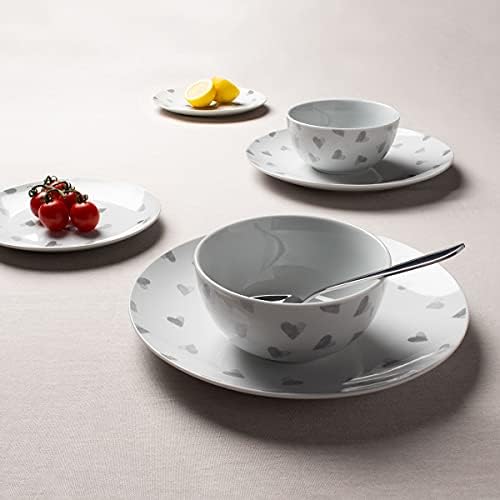 Sabichi Watercolour Heart 12pc White & Grey Dinner Set, Porcelain