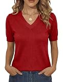 Totatuit Top Mujer Manga Corta Cuello V Jersey Ligero de Punto Camiseta Elegante Entallada Ideal para Primavera y Entretiempo Rojo，XL