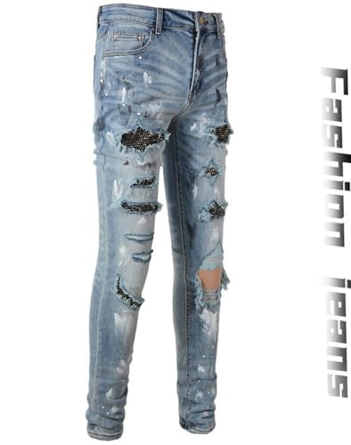 Jeans Pants Trousers Denim with Zircon Sequins Street Trendy Worn Holes Perforated Rough Edges Spray Painted Elastic Tight Fitting Small Leg for Men(Blue,31)3