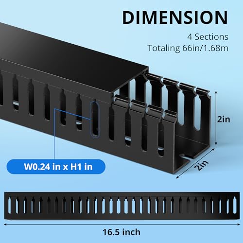 Image of 2 inch H x 2 inch W Cable Raceway, 66in Under Desk Wire Management Channel, Black | Slotted Wire Duct, 4Pack, 16.5in Each, Heavy-Duty PVC Cable Management for Server Racks, Network Cables & Electrical Cabinets