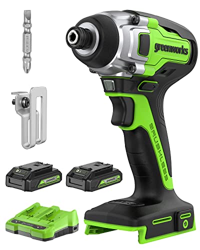 Greenworks 24V Cordless Impact Driver Kit with USB Port Batteries & Adapter, 1/4-inch Hex,2640 in./lbs Torque, Variable Speed Brushless Impact Drill/Driver Set, Bits and Tool Bag Included