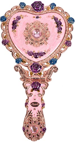 Nerien Vintage Metal Heart Shape Embossed Rose Hand Mirror with Comb - Antique-Style Russian Style Travel Portable Foldable Makeup Mirror - Pink