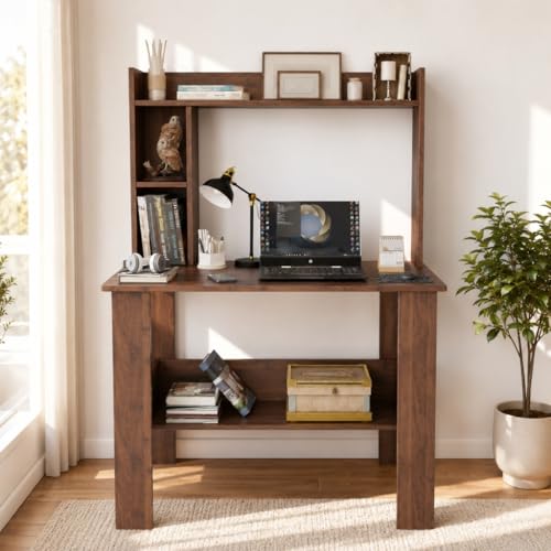 Image of SPYDER CRAFT Modern Daisy Engineered Wood Study Table with Storage Shelf | Clean Minimalist Computer Desk for Home, Office, & Bedroom | Durable & Easy to Clean (Columbian Walnut) (Assembly DIY)