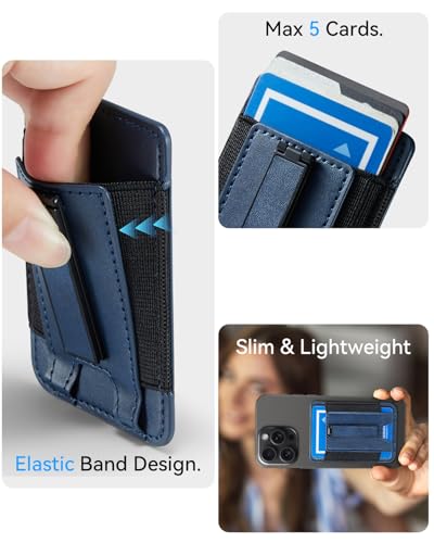 Image of Phone Card Holder Wallet with Stand, Hold 6 Card for iPhone Andriod | Stretch fabric card holder stick on back of phone case. Built-in stand for hands-free viewing. Holds 6 credit /ID cards
