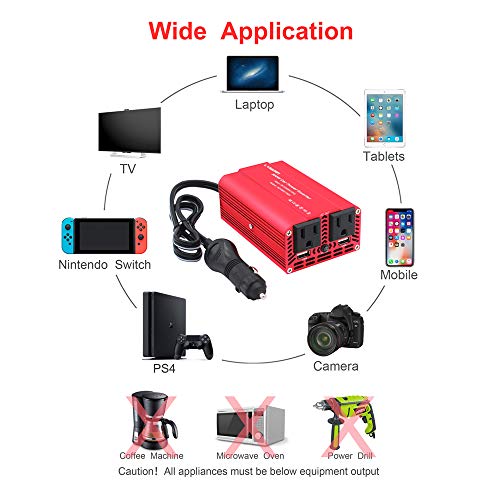 LVYUAN 500W Power Inverter for Vehicles DC 12V to 110V AC Car Plug Adapter Outlet Converter with 2 USB Fast Charging Ports and 2 AC Outlets Car Charger Adapter
