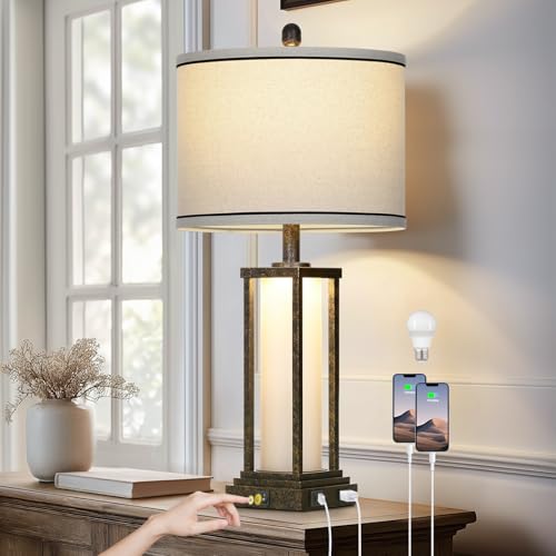 luxeflow 27in Tall Farmhouse Table Lamp with USB C+A & Outlet,Bronze Industrial End Table Lamp for Living Room,Vintage Rustic Bedside Lamp with Night Light for Bedroom Nightstand,Single Bronze