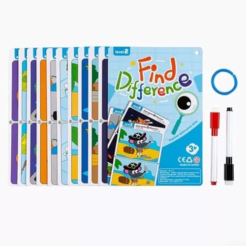 Colorido Encuentra Diferencias Tarjetas de Entrenamiento Herramienta Educativa Reutilizable para el Aprendizaje de Niños (Dificultad 2)