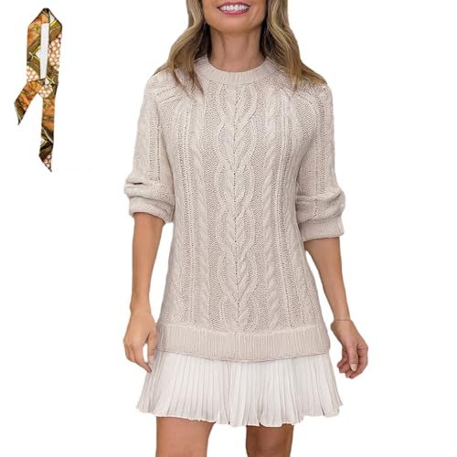 Women Crewneck Cable Knit Sweater Mini Dress, Fall Pleated Long Sleeve Cableknit Skirt Cableknit Sweater Dress