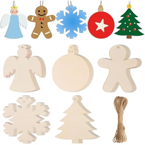 AWIZOM 150 Pcs Wooden Christmas Ornaments Unfinished Wood Christmas Tree Snowflake Angel Gingerbread Man Round Cutouts Blank Wooden Christmas Slices for DIY Crafts Tags Xmas Tree Hanging Decoration Cover