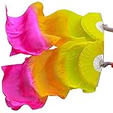Nimiman Women 1 Pair (Left+Right) Silk Belly Dance Fan Veil Belly Dancing Long Folding Fans Length 180 cm Width 90 cm (Yellow Orange Rose)