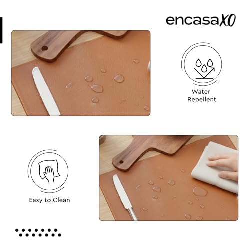 Image of Encasa XO Leather Dining Table Mats Set of 6 | Water Repellent & Heat Resistant Dining Table Mats | Washable & Easy to Clean Placemats for Kitchen Decor - 42x30 cm (Tan)